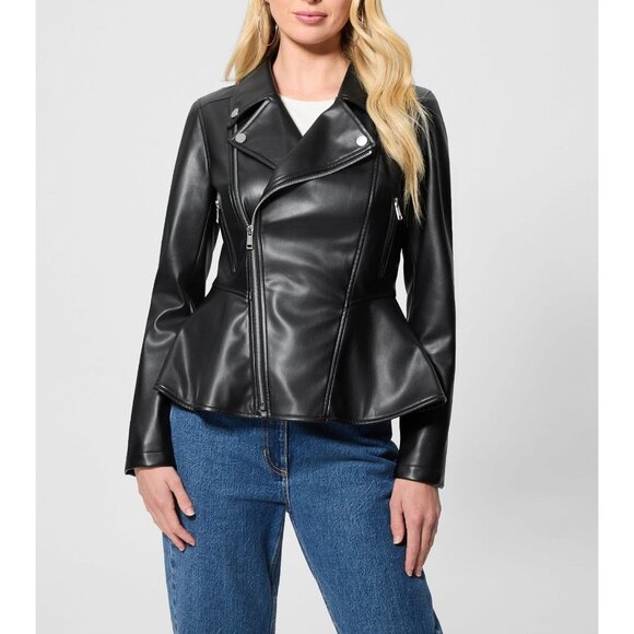 GUESS Womens Lvy Peplum Long Sleeves Casual Moto Jacket Black Size S NWT - Picture 2 of 7